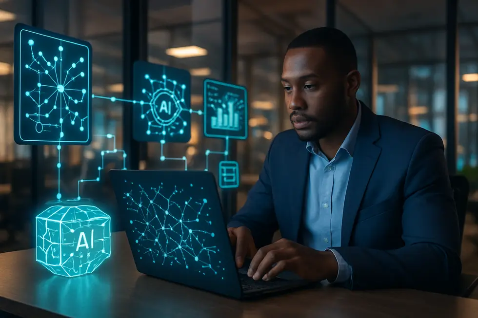 Illustration of various AI models from Google AI Studio being implemented in a business environment.