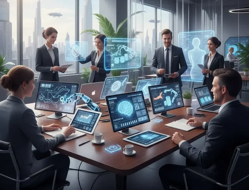 High-tech office with multiple screens displaying various AI tools.