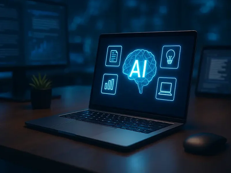 A futuristic workspace equipped with AI tools exemplifying innovation.