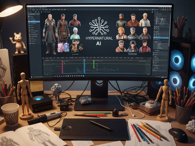 A computer workspace displaying digital avatars created with Hypernatural AI, surrounded by typical animation tools.