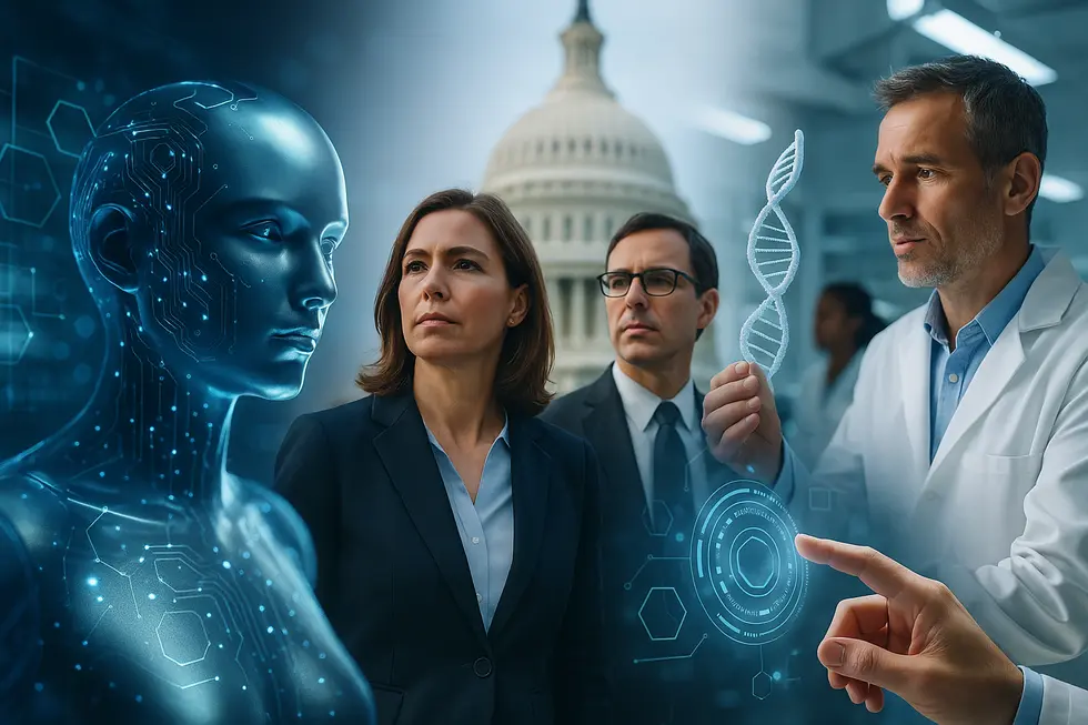 Visual montage of AI models, government partnerships, and scientific advances.